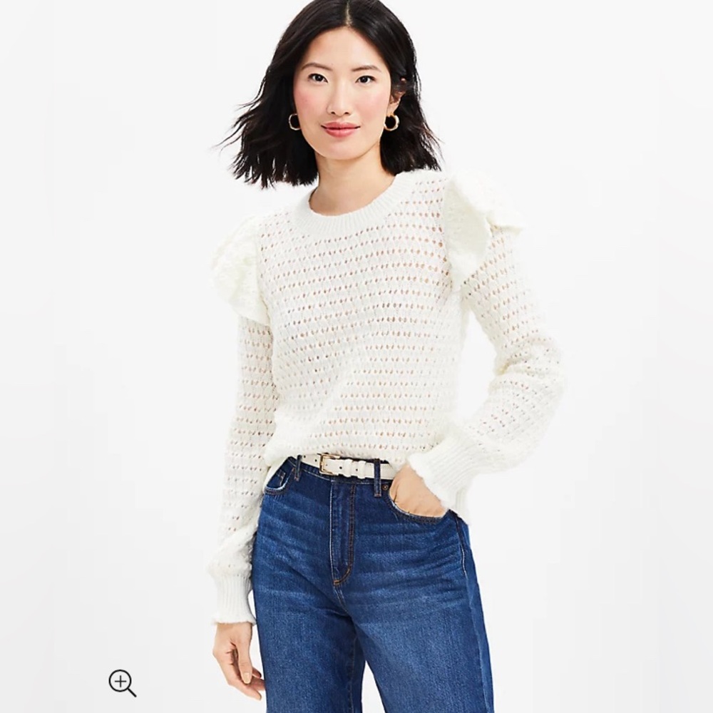 LOFT NWT‎ Shoulder Ruffle Open Knit Sweater - Whisper White